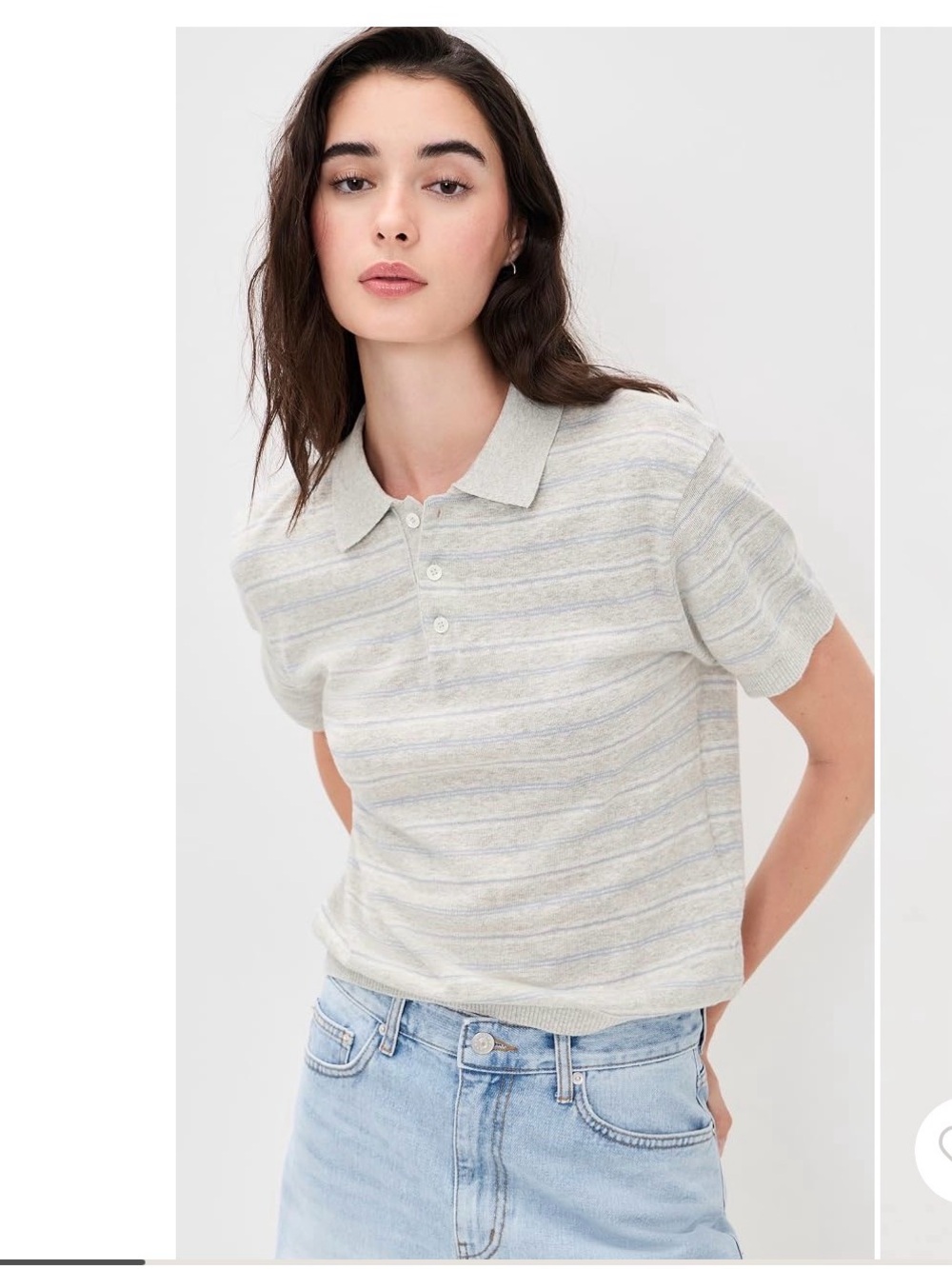 Striped Knit Polo Top in Light Gray and Cream